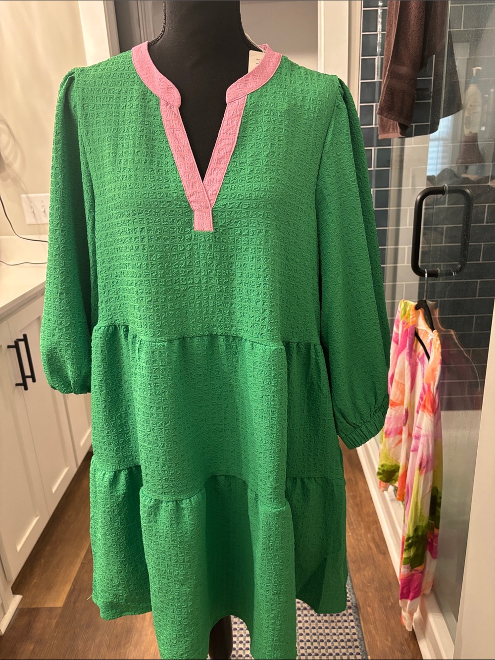 Green Tiered Midi Dress with Pink Trim